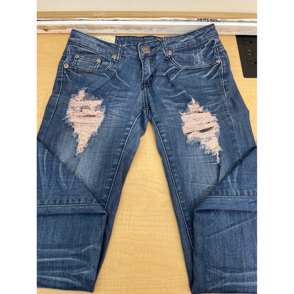Machine Nouvelle Mode Distressed Skinny Jeans Blue Denim Pink Backing Size 31